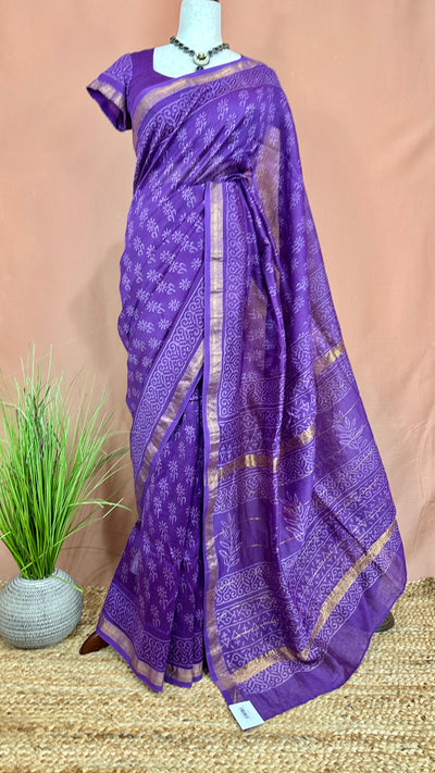 Handblock printed Maheswari cotton silk saree with stitched designer blouse