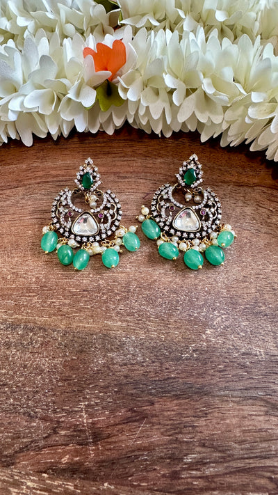 Victorian finish Small chandbali with green stone