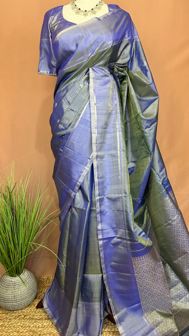 Handloom pure silk Purple and lilac color tissue kanchivaram saree with stitched blouse