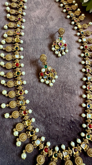 Long navrathna necklace with earring