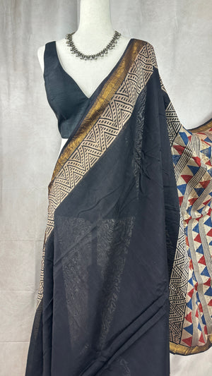 Handblock printed Maheswari cotton silk saree