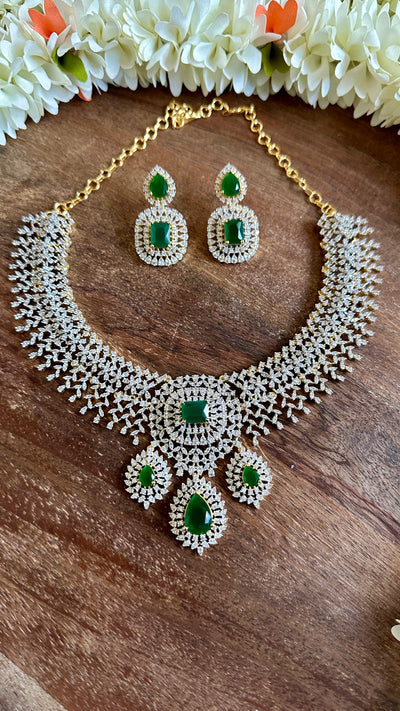 Diamond Replica Necklace with Green Stone and Earrings