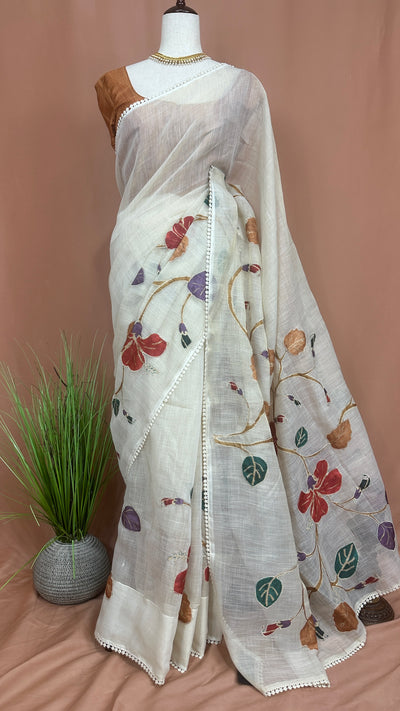 Tissue linen saree with kamalkari patch work, with contrast blouse