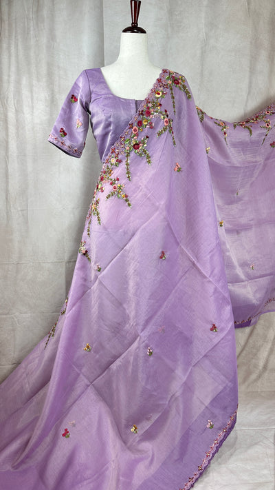 Lilac tissue linen saree with hand emroidery and stitched blouse