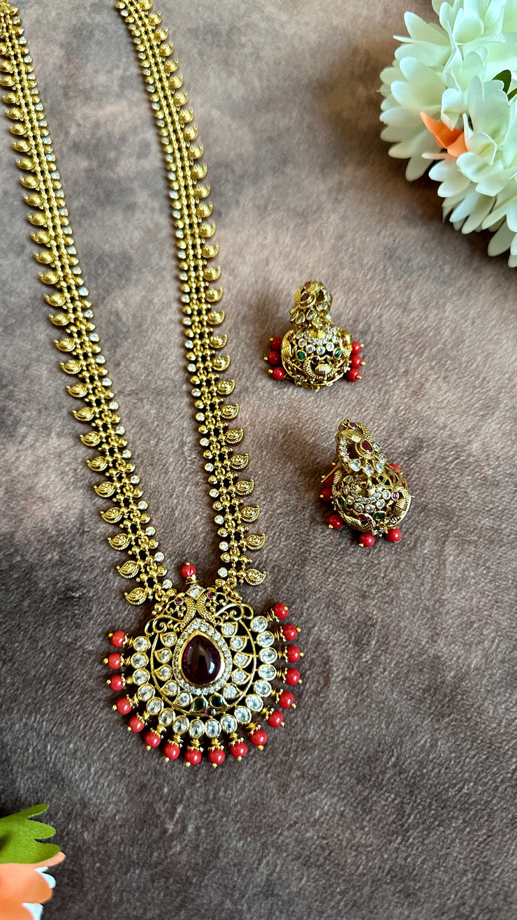 Long mango necklace with coral and jhumka