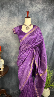 Handblock printed Maheswari cotton silk saree with stitched designer blouse