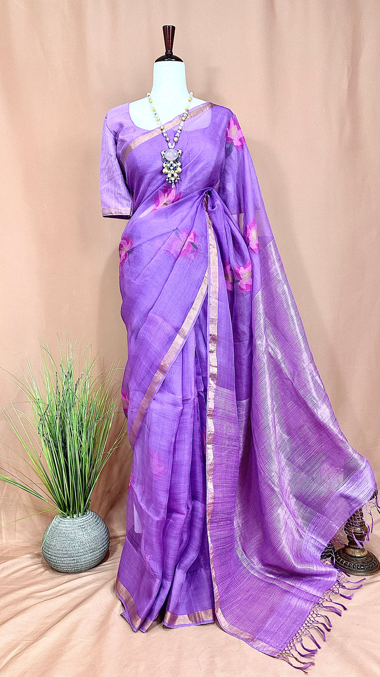 Pure muslin silk saree with jamdani waeve and stitched blouse