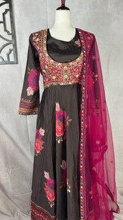 Brown floral printed designer gown with emroidery