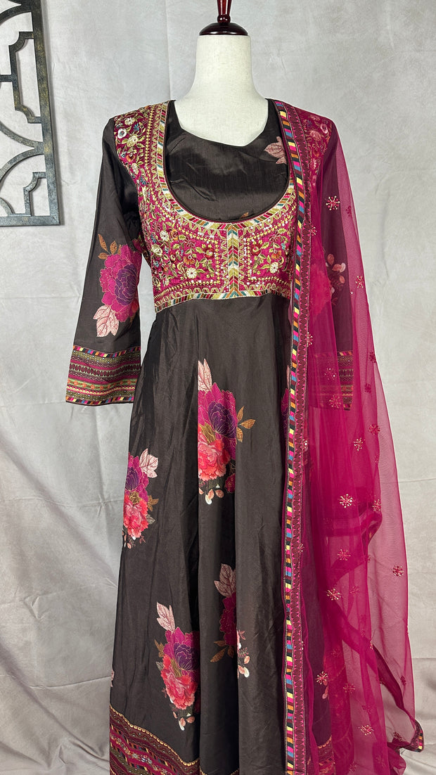 Brown floral printed designer gown with emroidery