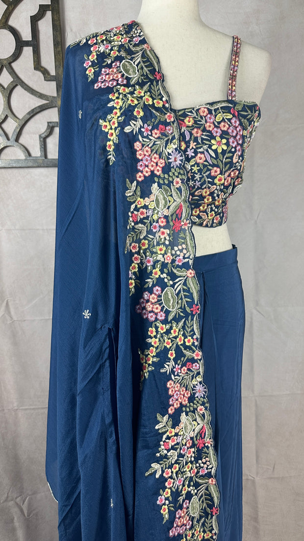 Dusty blue Crepe drape skirt , short top and shrug, (fits to M/L/XL)