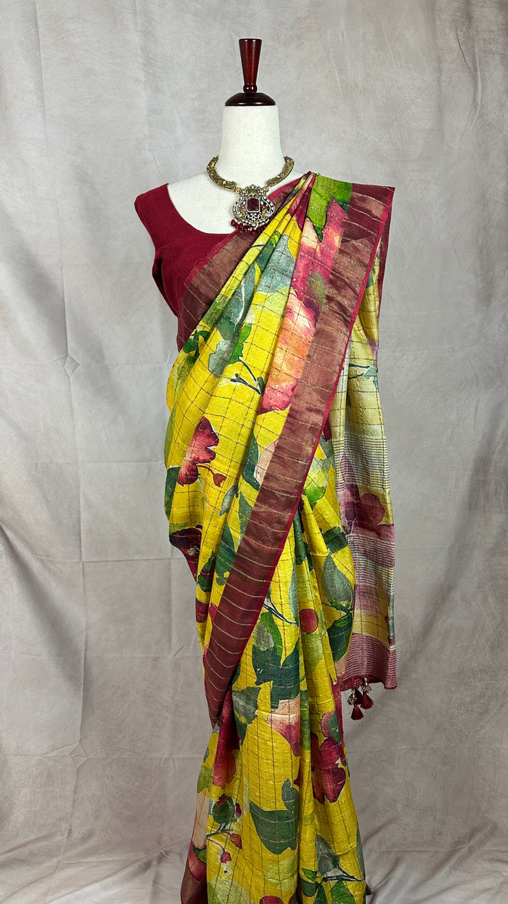 Silk mark certified Pure yellow tussar silk saree with digital floral print, with stitched blouse