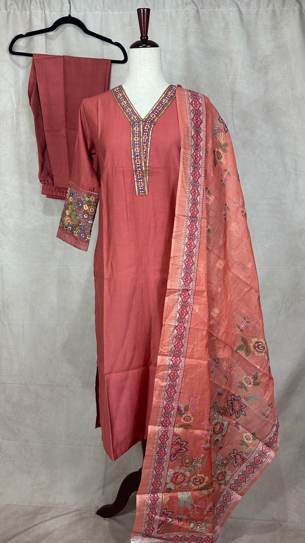 Dark coral pink kurti with floral printed dupatta and bottom