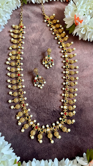 Long navrathna necklace with earring