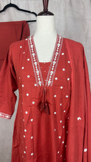 Coral color cotton kurti with bottom and dupatta