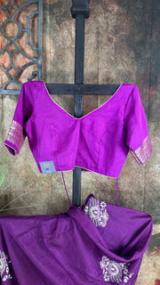 Purple Dola silk saree with hand embroidery, with light purple blouse.