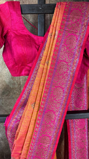 Pure silk Yellow matka saree with pink banarsi border and stitched blouse