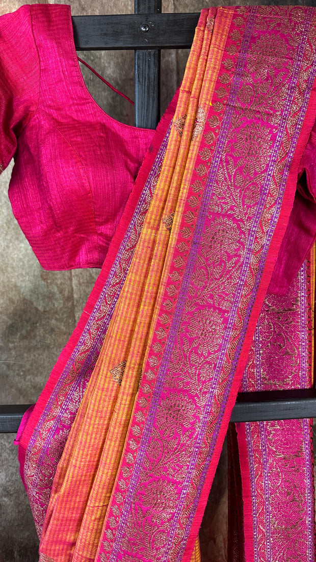 Pure silk Yellow matka saree with pink banarsi border and stitched blouse