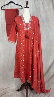 Coral color cotton kurti with bottom and dupatta