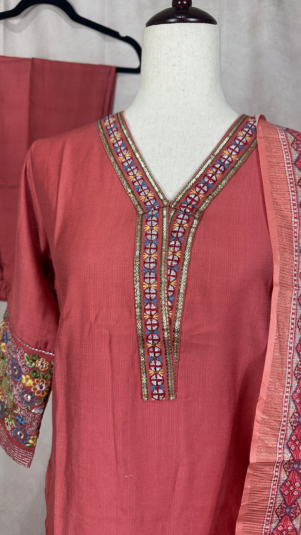 Dark coral pink kurti with floral printed dupatta and bottom