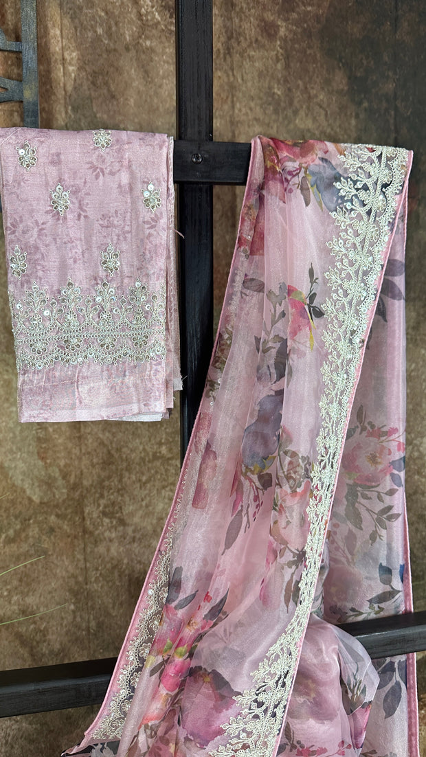 Pastel pink printed designer organza saree, with BP