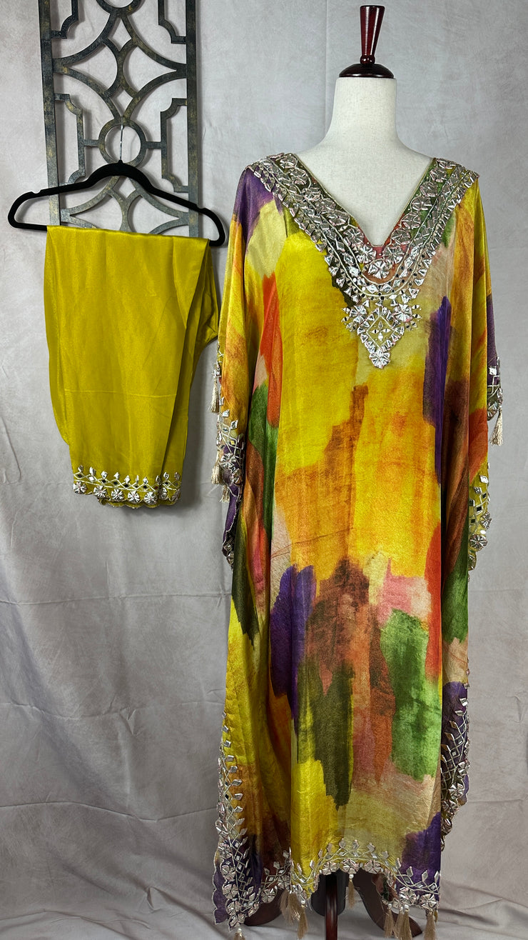 Yellow printed kaftan with bottom