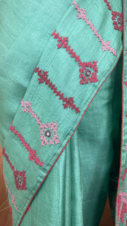 Pure tussar silk saree with kutch work, stitched blouse