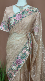 Peach soft organza saree with sequins and embroidery, with stitched blouse