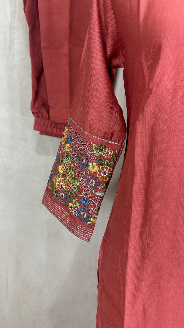 Dark coral pink kurti with floral printed dupatta and bottom