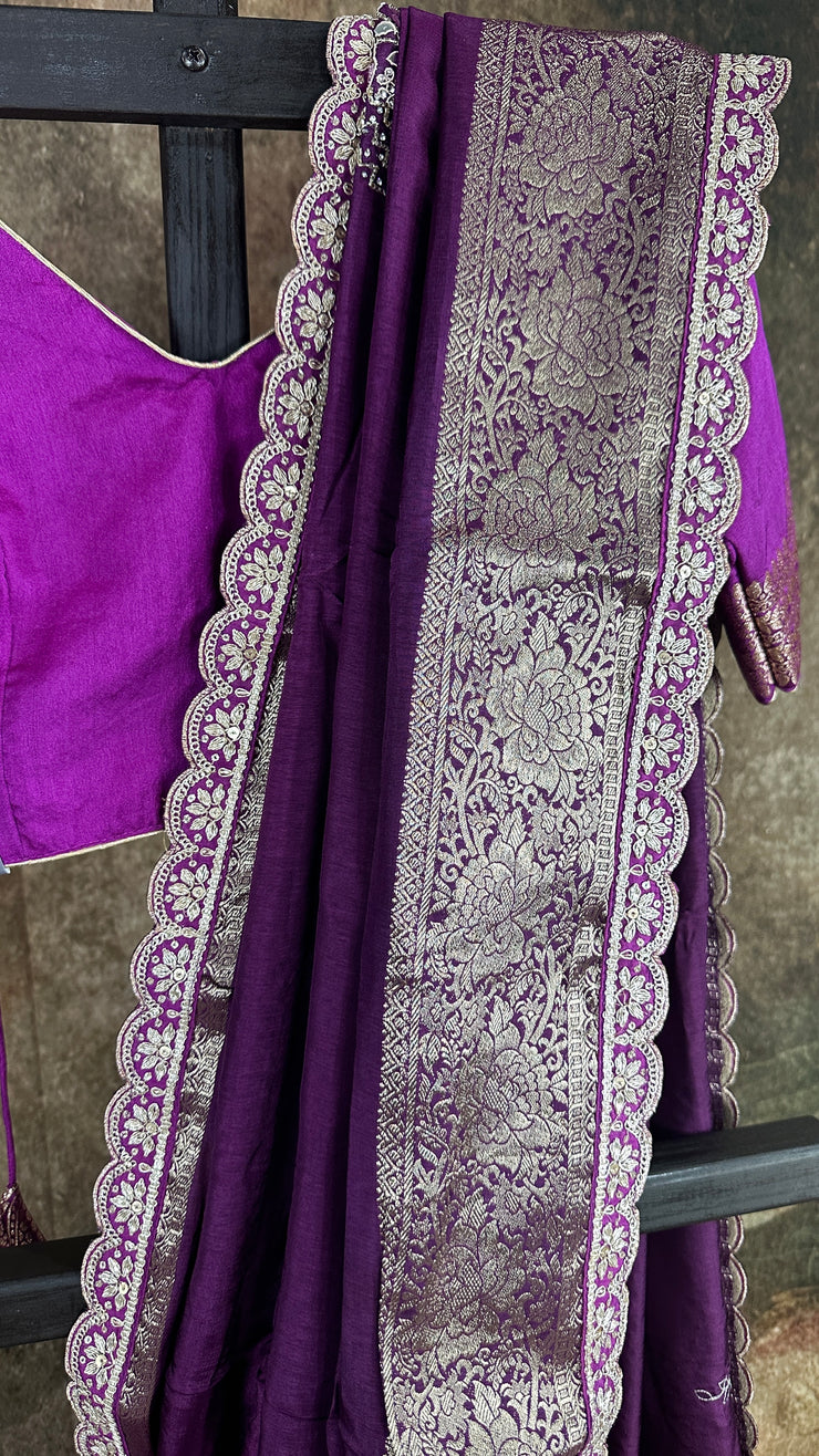 Purple Dola silk saree with hand embroidery, with light purple blouse.