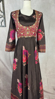 Brown floral printed designer gown with emroidery