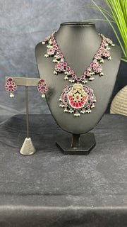 Silver replica necklace with ruby red stones jadau kundan and earrings