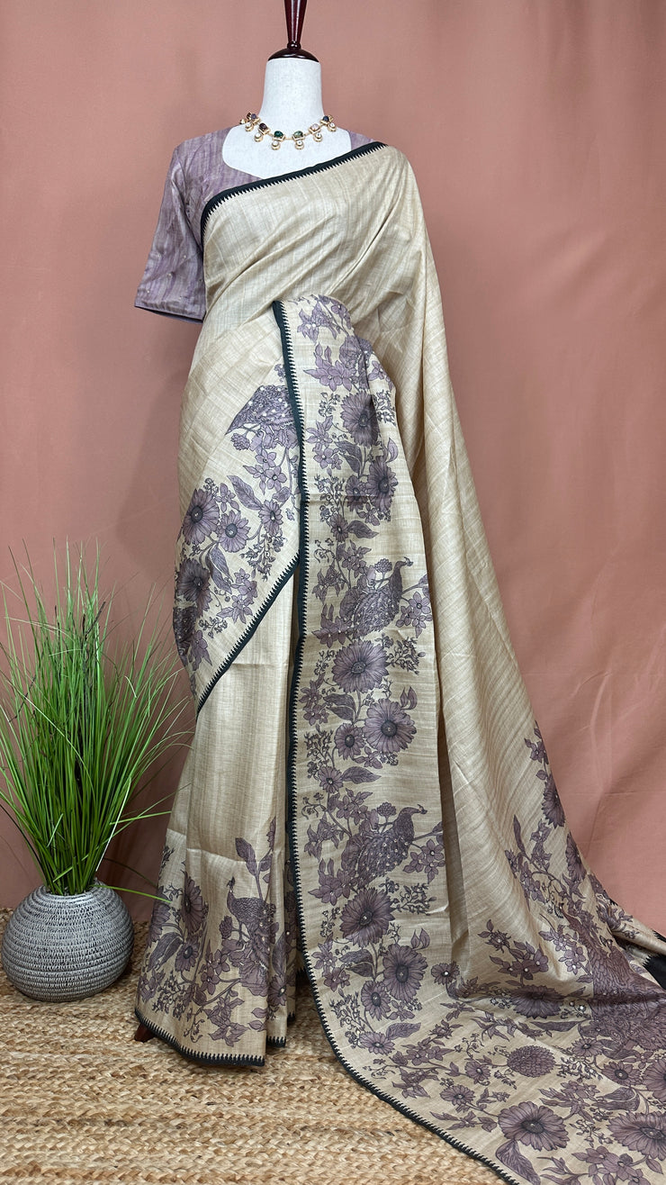 Semi Raw silk saree with lilac floral print and morrior work