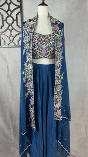 Dusty blue Crepe drape skirt , short top and shrug, (fits to M/L/XL)