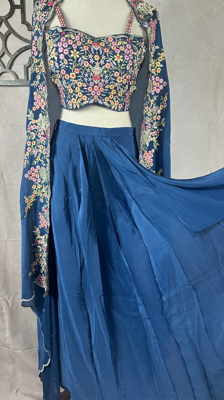 Dusty blue Crepe drape skirt , short top and shrug, (fits to M/L/XL)