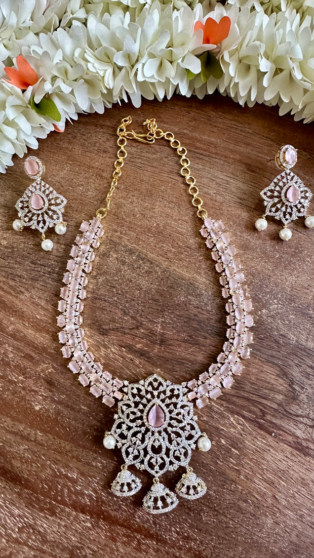 Diamond replica necklace with Pink stone and earring