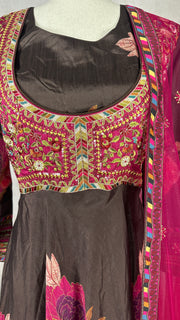 Brown floral printed designer gown with emroidery