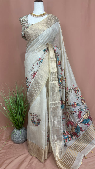 Banarsi tissue saree with kamalkari patch work, with contrast blouse