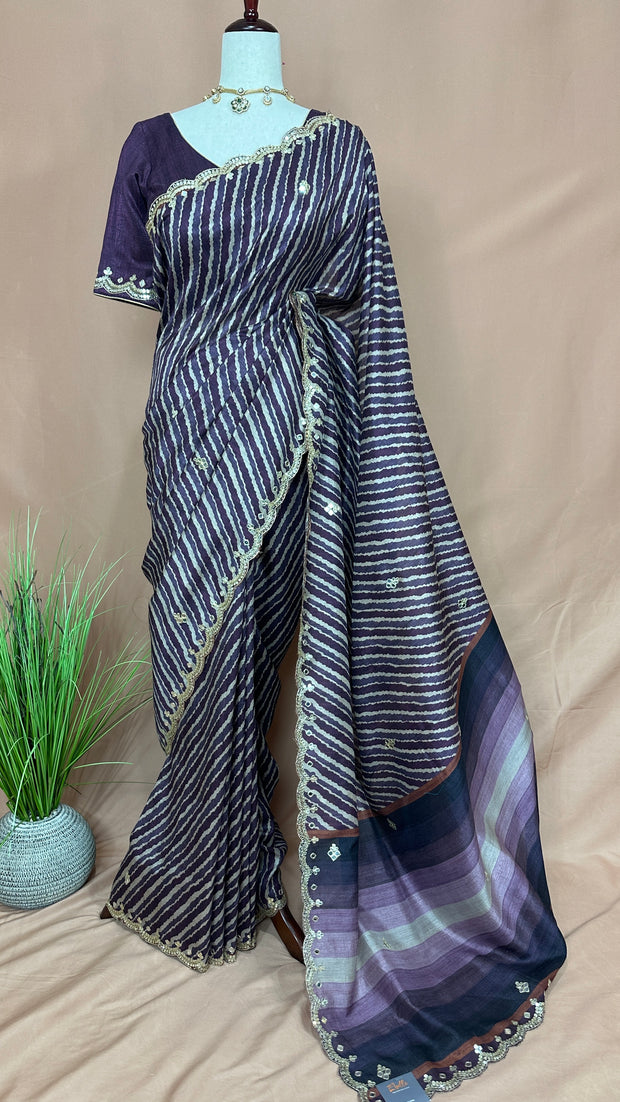 Dark Eggplant Tussar Silk Saree with Gotta Work and stitched blouse