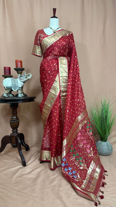 Red Silk Katan Kotta bandej saree with stitched blouse