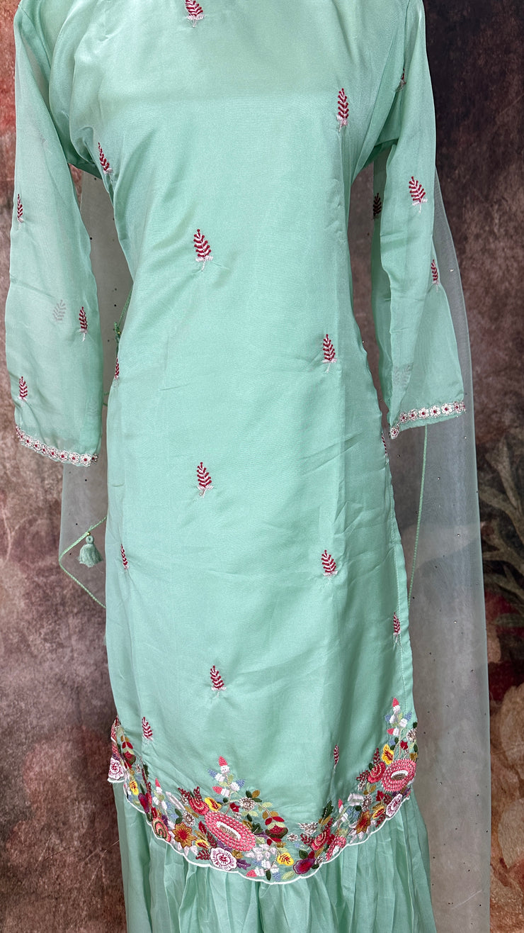 Pista green embroidered kurti with gharah and dupatta