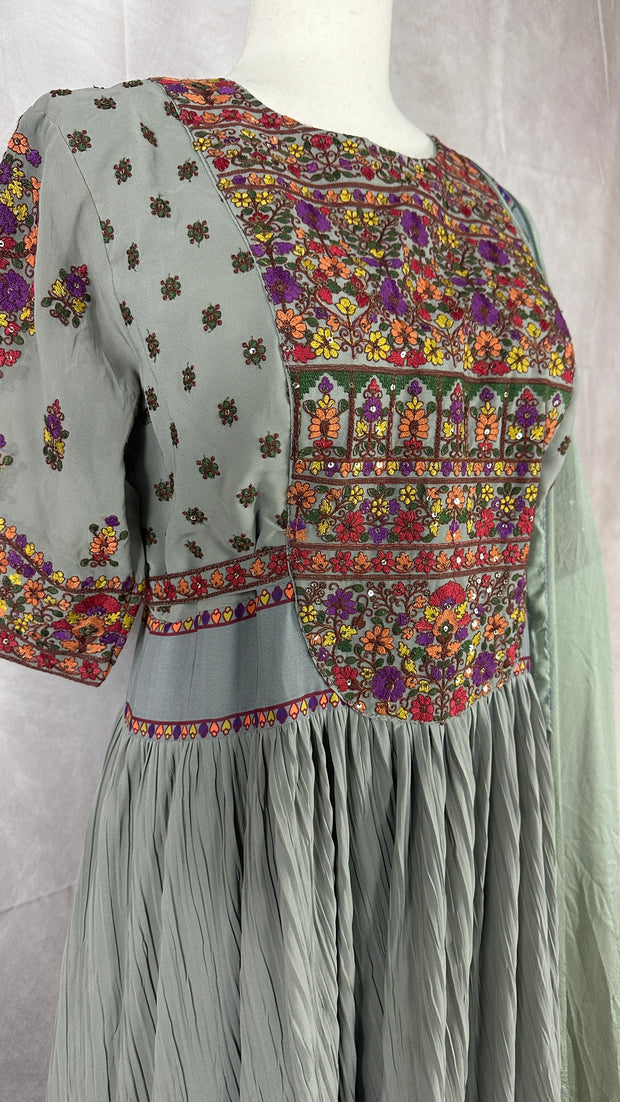 Grey gown with multi color embroidery