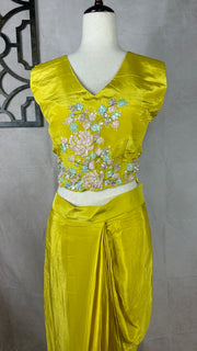 Yellow Crepe drape skirt , short top and shrug, (fits to M/L/XL)