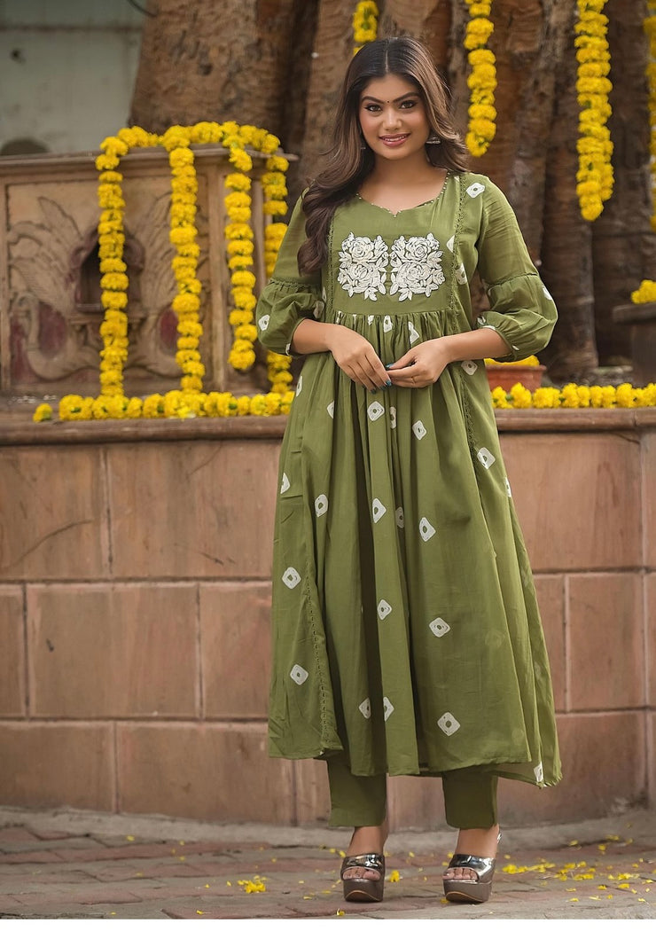 Olive green Mulcotton kurti with embroidery, bottom -XXL