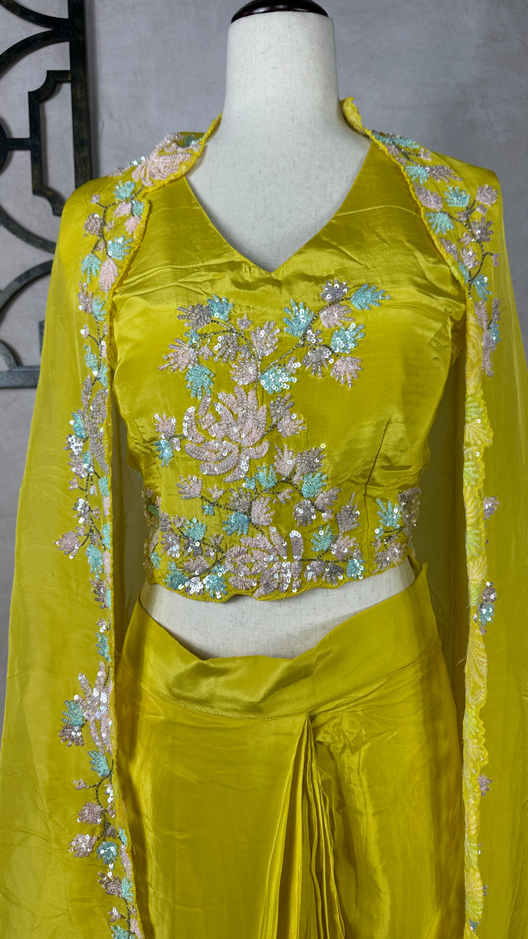 Yellow Crepe drape skirt , short top and shrug, (fits to M/L/XL)