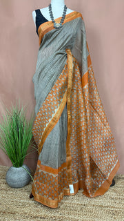 Handblock printed Maheswari cotton silk saree