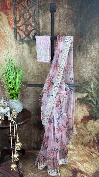 Pastel pink printed designer organza saree, with BP