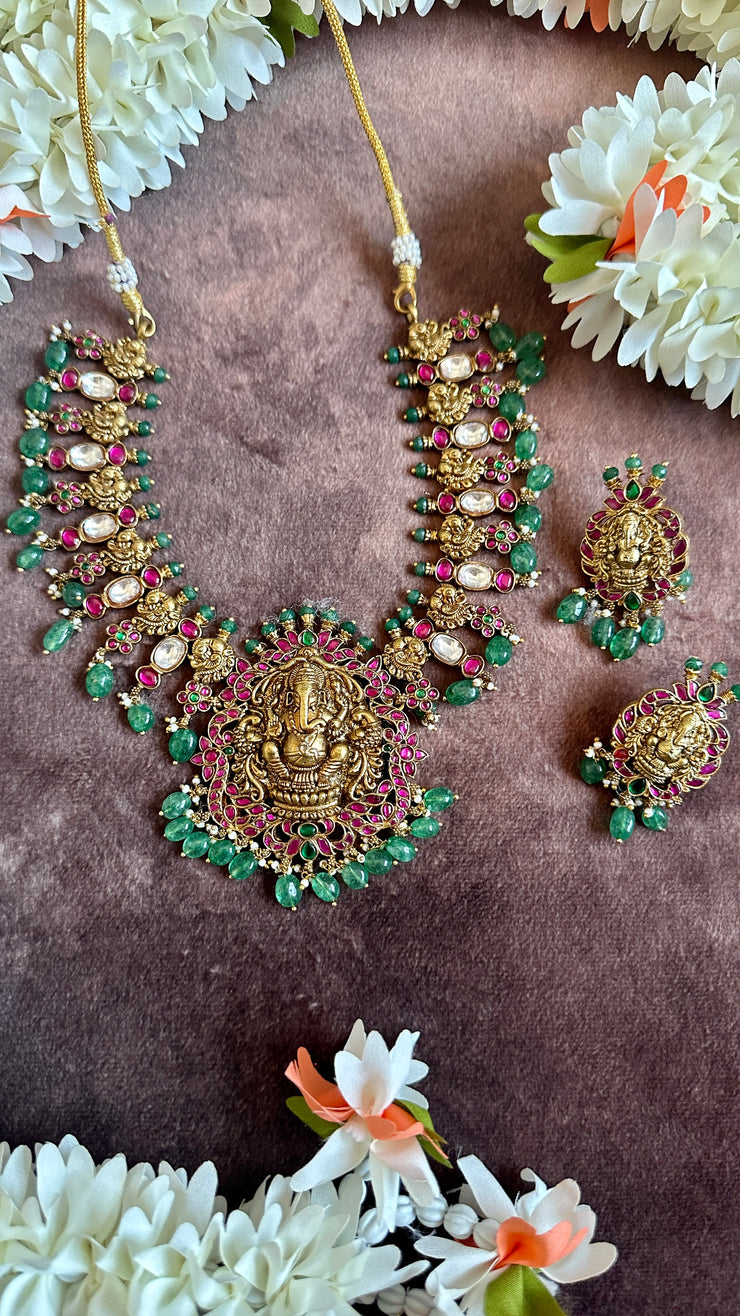 Antique Finish necklace with kundan, kemp stone and semi precious stones
