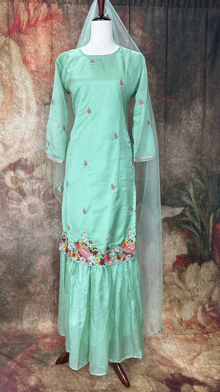 Pista green embroidered kurti with gharah and dupatta