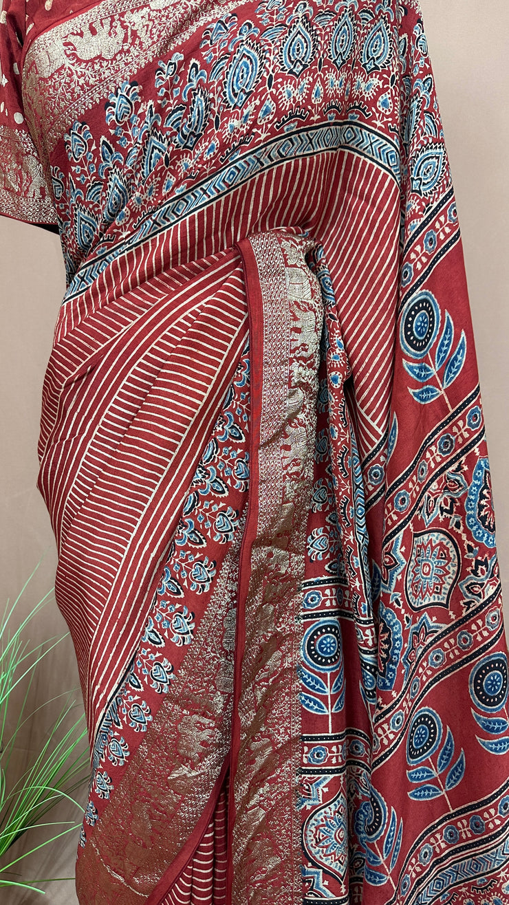 Dola silk saree with Ajrakh hand block print , stitched blouse