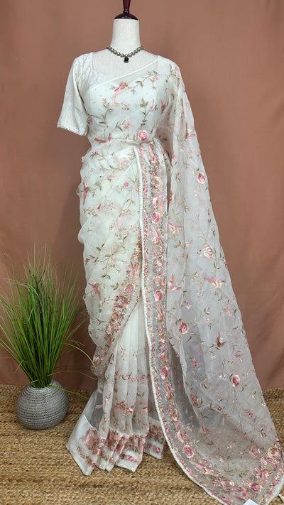 Off White Soft Organza Saree with Parsi Gara Machine Embroidery Work, with stitched blouse